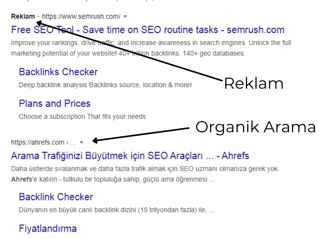 Organik Arama ve Reklam Kısmını İşaret Eden SERP Sayfası